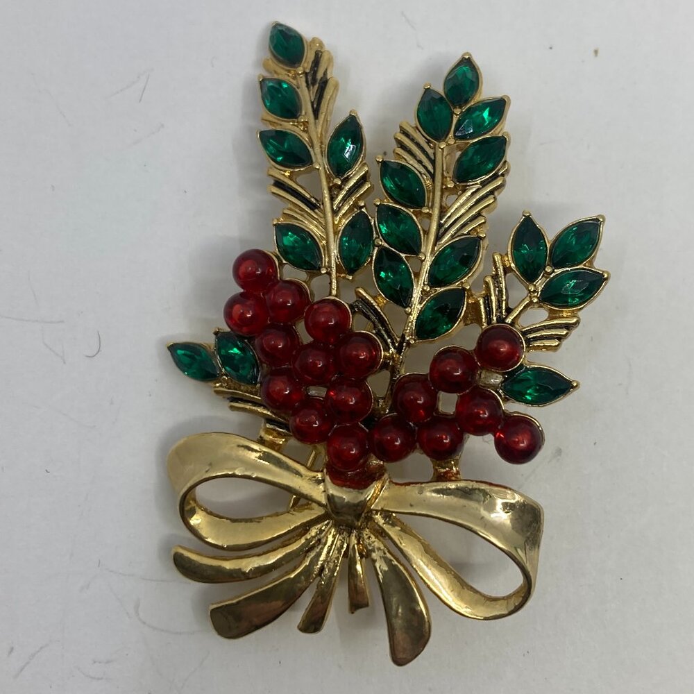 Vtg Monet leaves flowers bow rhinestone brooch